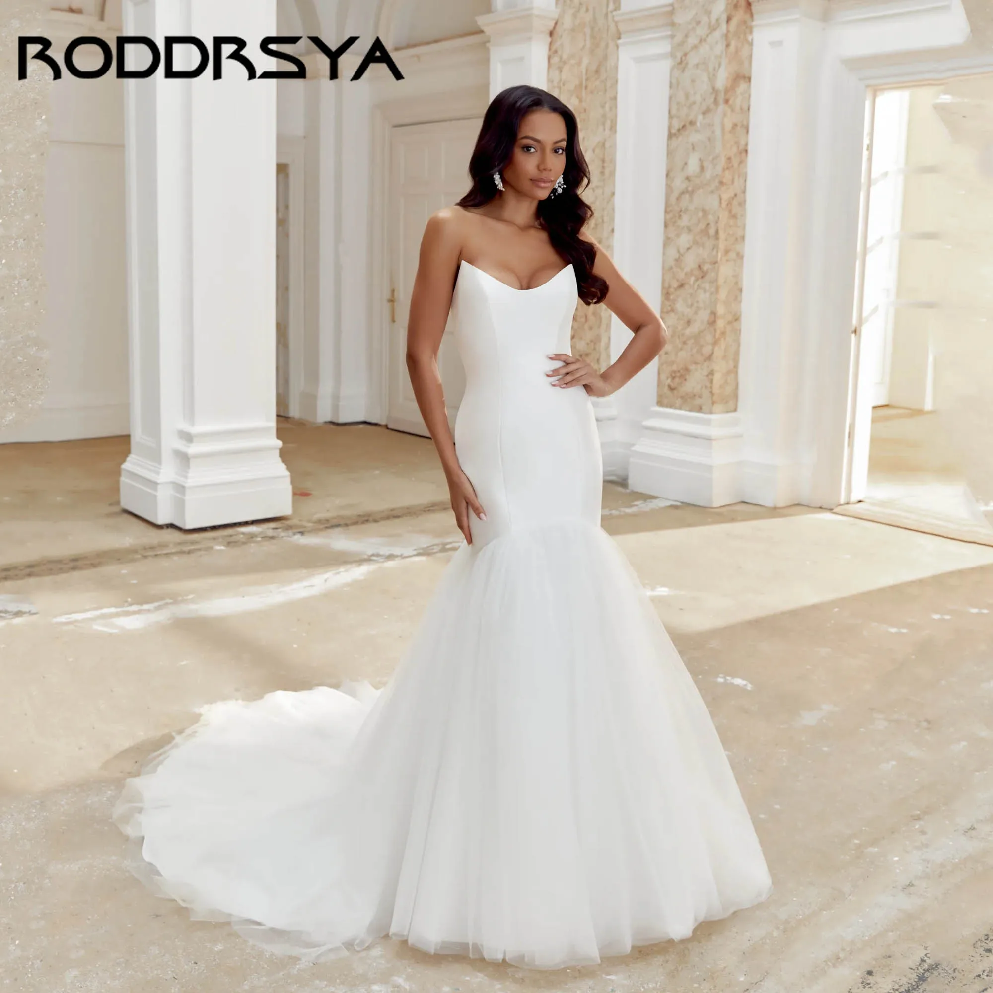 

RODDRSY Satin Mermaid Wedding Gowns With Tulle Skirt Strapless Sleeveless Simple Bride Dress Backless Modern vestidos Customized