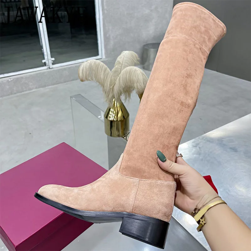 Designer Genuine Leather Thigh High boots Chunky Heel Women\'s Long Boots Runway Round Toe Suede Dress Shoes Over the knee boots