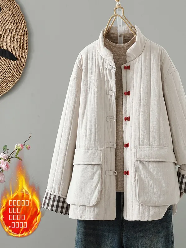 

Retro Artistic Button-Up Collar Jaet with Cotton Twist Linen Fabric Long Sve Straight Cut Commute Sle Lady Coat
