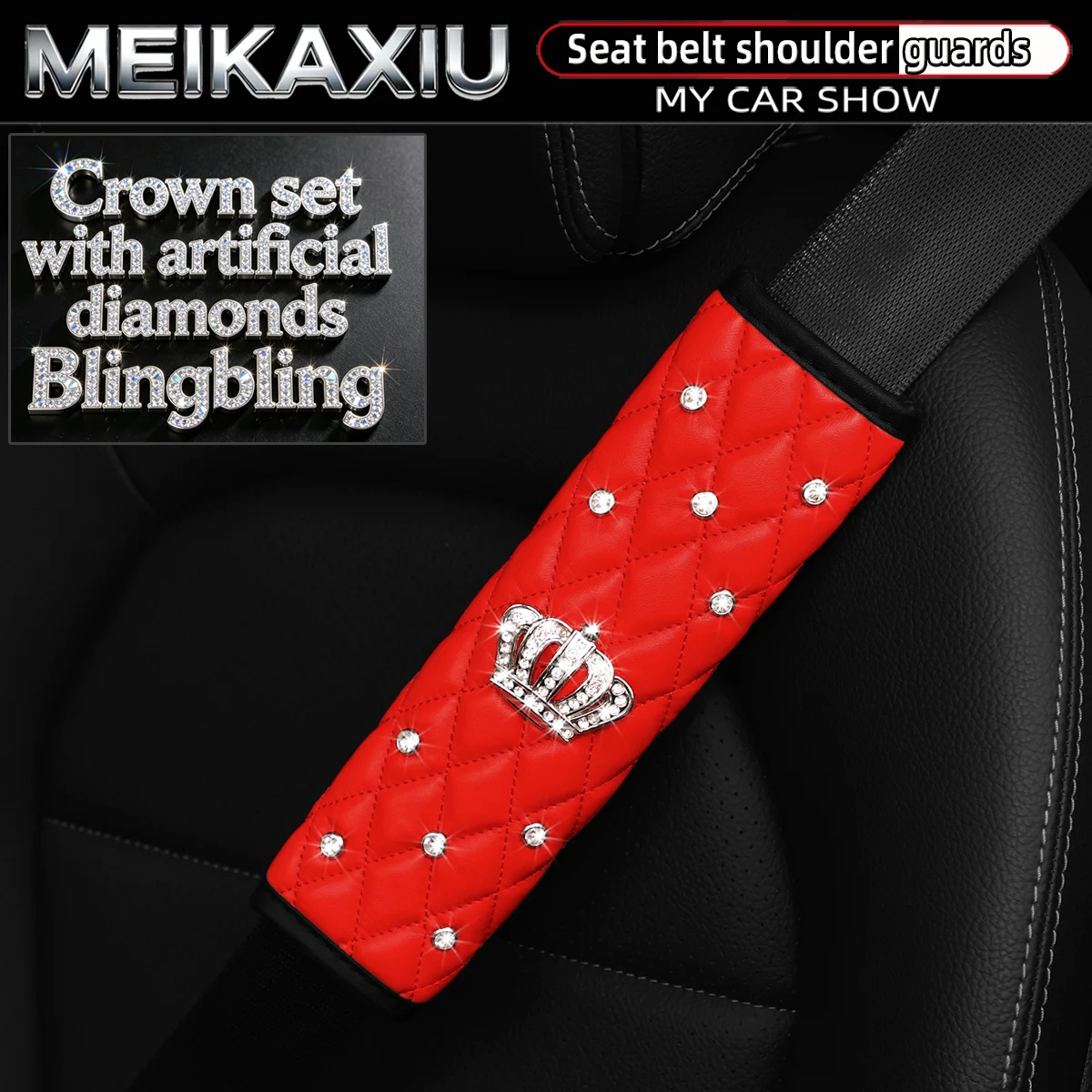 Soft Leather Diamond-Encrusted Crown Car Shoulder Guard 1PC/2PCS Safety Belt Decoration Shiny Accessory for Women's Cars