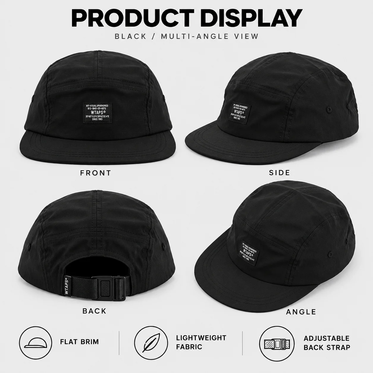 WTAPS Black Label Flat Bill Snapback Cap Unisex Breathable Casual Baseball Hat Large Head  Outdoor Sunshade Street Fashion Cap