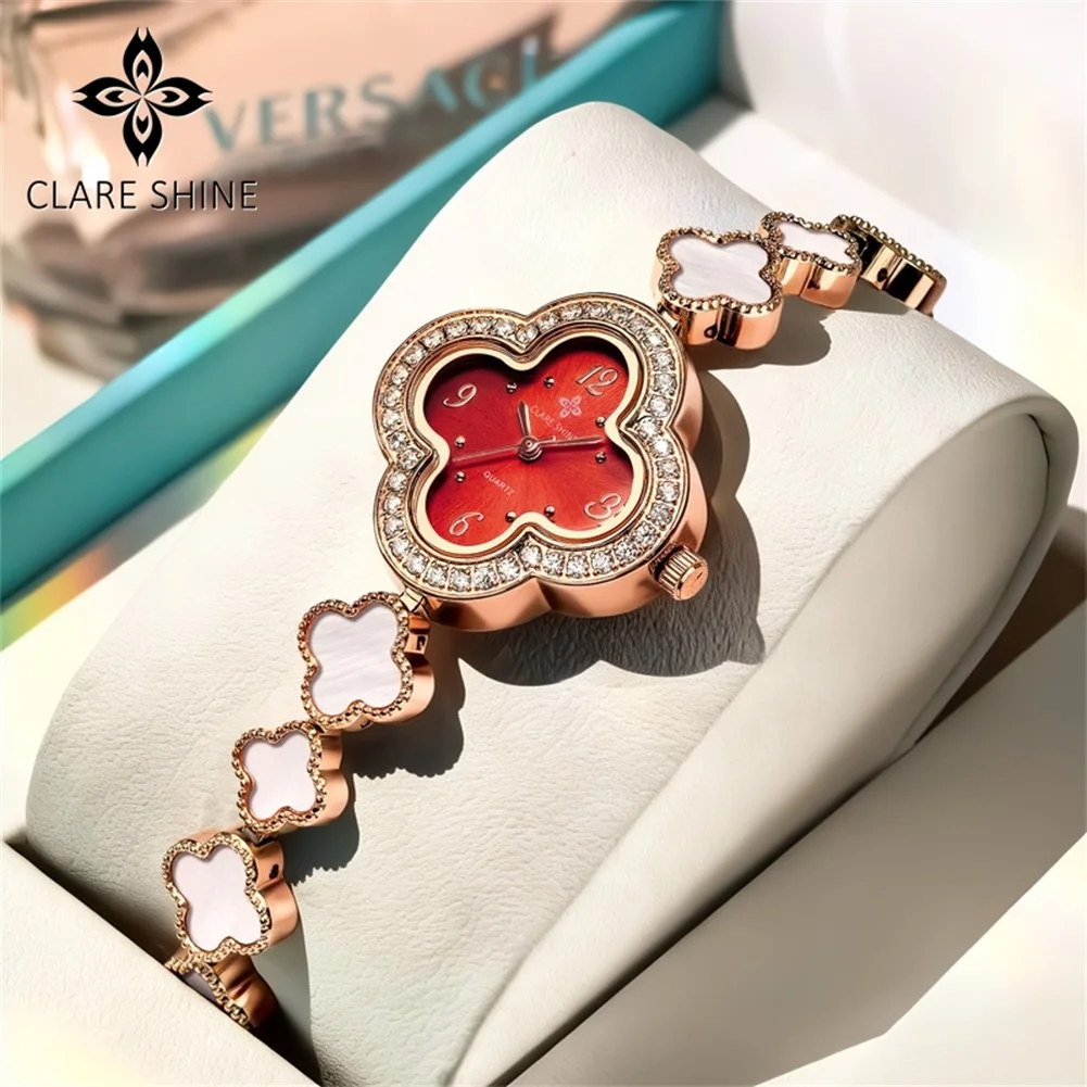 CLARE SHINE Quartz Watches Necklace Gift Box Set for Women Elegant Luxury Diamond Bezel Lucky Ladies Wristwatch Waterproof Watch
