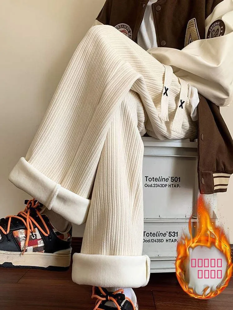 

Модные повседневные брюки унисекс больших размеров с широкими штанинами, утепленные флисом, с высокой талией, прямого кроя, осенне-зимние