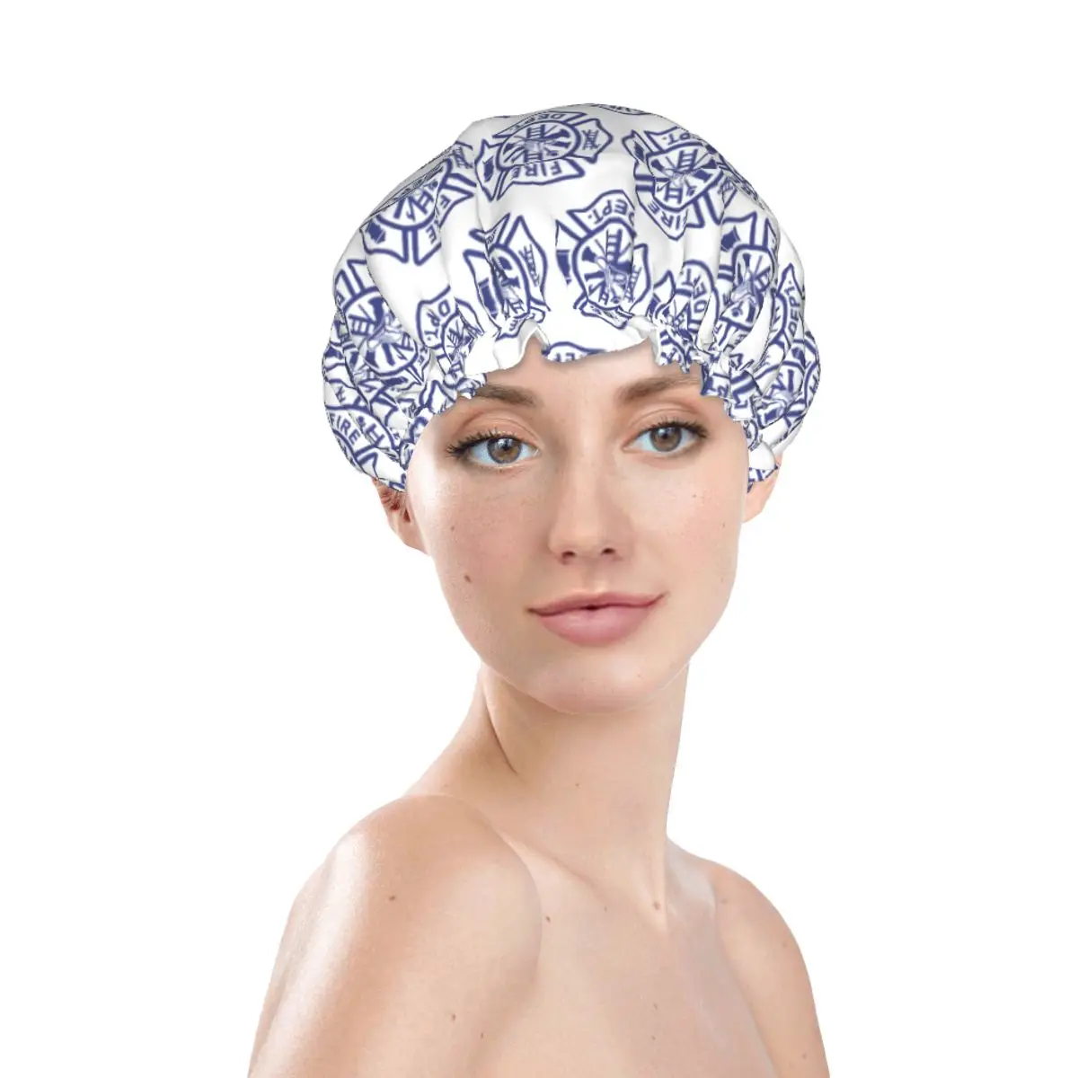 Blue Fire Department Shower Cap Women Waterproof Double Layer Rescue Firefighter Bath Caps for Long Hair