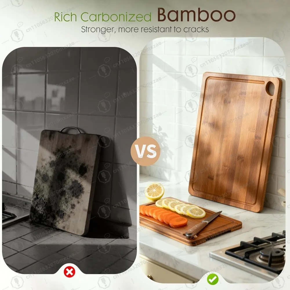 Deep-Carbonized Bamboo Cutting Board Kitchen Gift Knife-Friendly Reversible Chopping Board with Juice Grooves