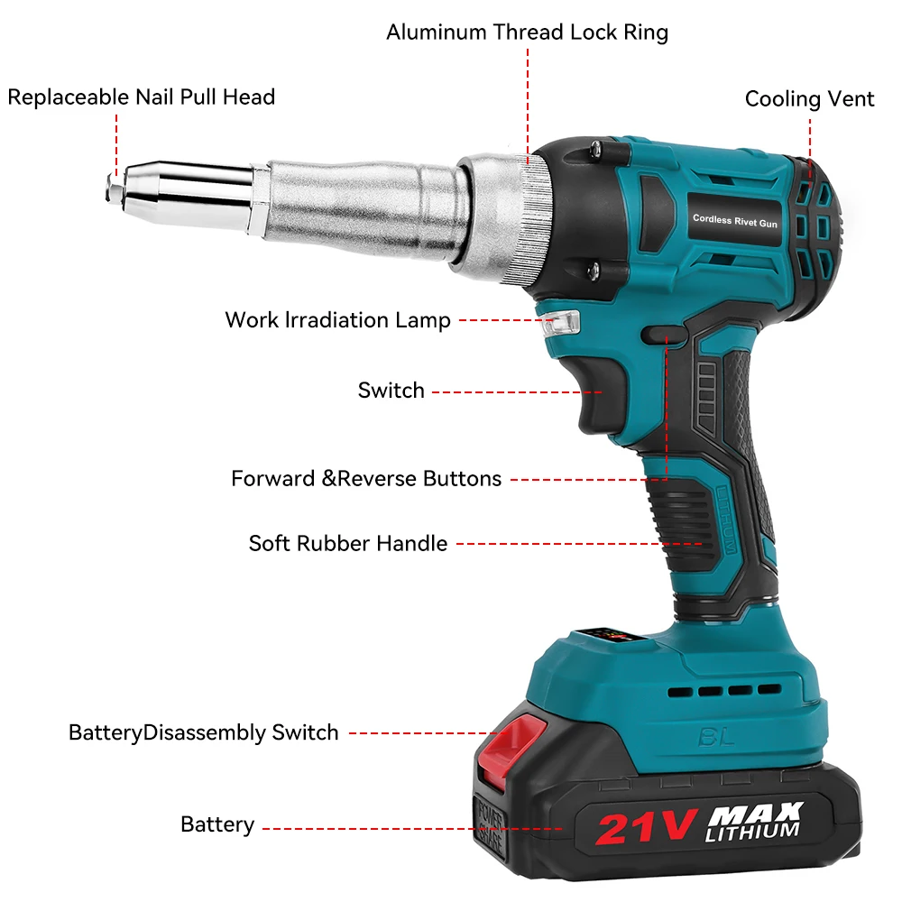 2.4~5.0mm Brushless Electric Riveter Gun 20000N Cordless Rivet Clamp Nut Gun Insert Auto Riveting Tool For Makita 18V Battery