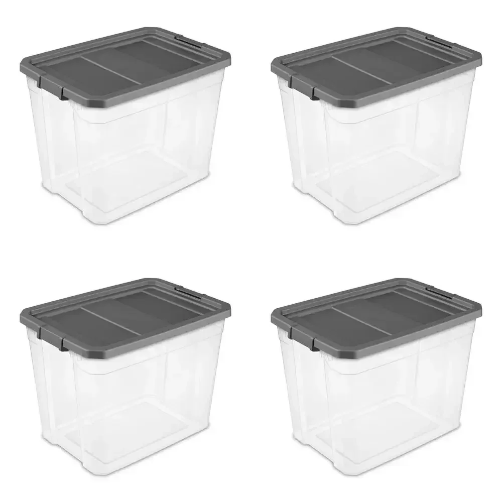 

108 Quart Durable Plastic Stacker Box Set of 4 Clear Base Robust Latches Sure Grip Efficient Storage