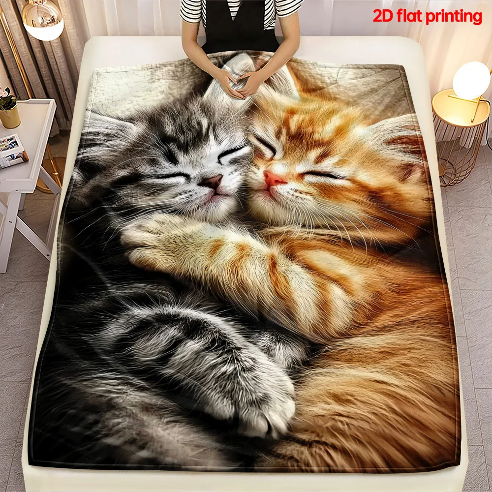 Two Hugged Sleeping Kitten Dark Plush Back Print Flannel Throw Blanket Soft Warm Cover For Sofa Bedroom Pet Lover Decor Gift