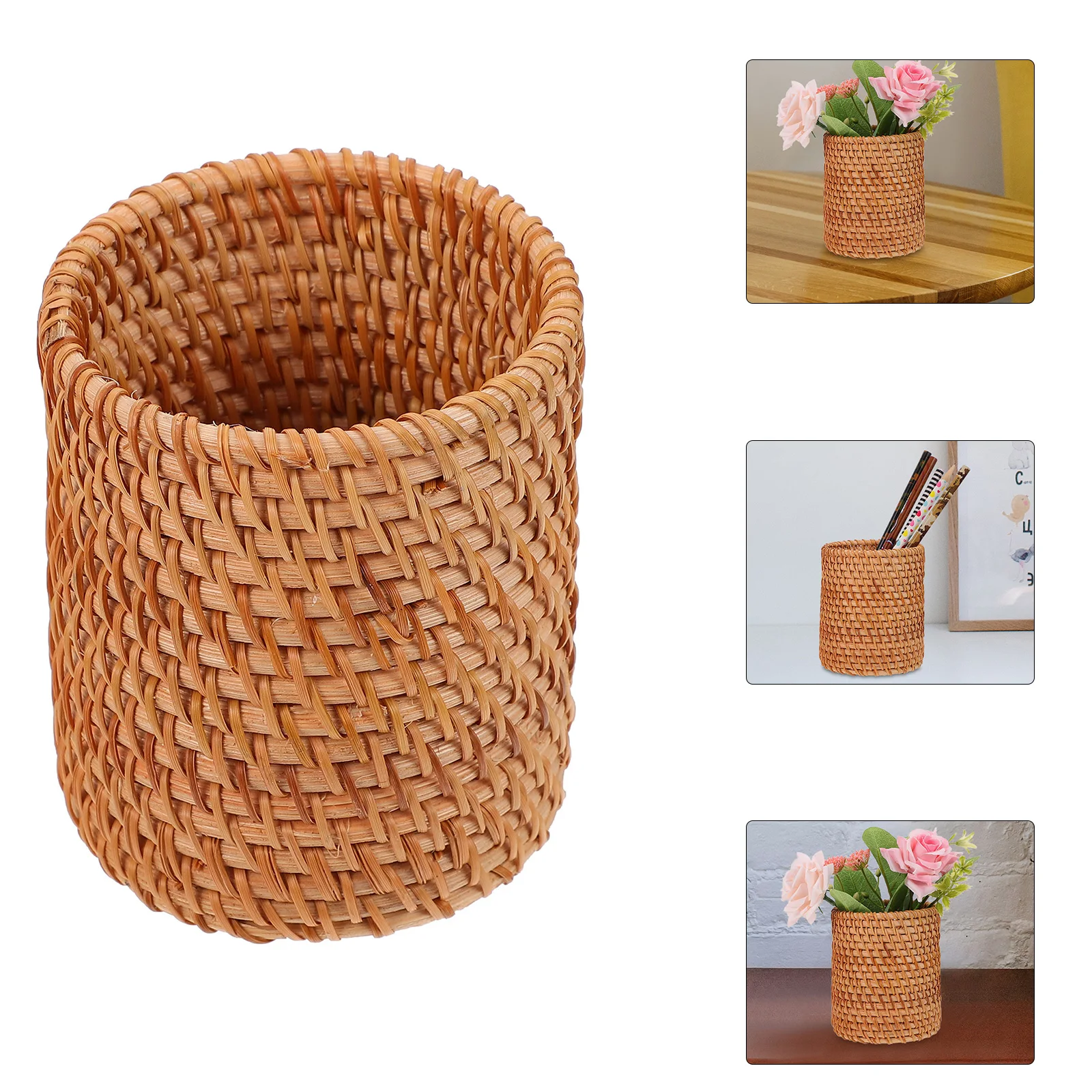 Rattan Storage Tube Serving Utensils Boho Home Decor Woven Basket Pencil Pot Tableware Wooden Container Office