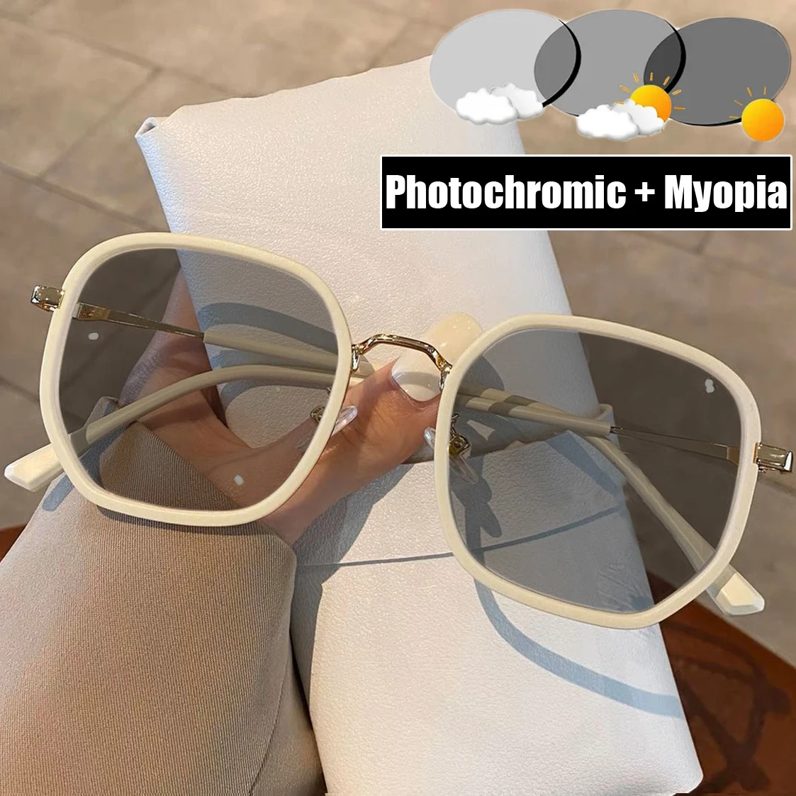 Finished Photochromic Nearsighted Glasses Fashion Trend Color Changing Myopia Eyewear Anti Blue Light Finished Sunglasses To-4.0