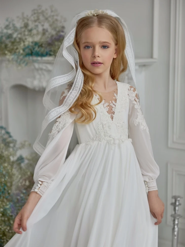 Flower Girl Dresses White Boho A-line Appliques Lace Long Sleeve For Wedding Birthday Evening Party First Communion Gowns