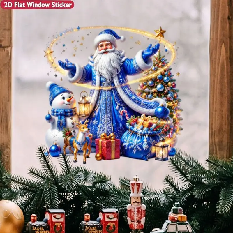 Glass Decals: Window and Door Decorative Stickers Featuring Blue-Suited Santa,Reindeer,and Snowman Designs;Removable Glass Film,