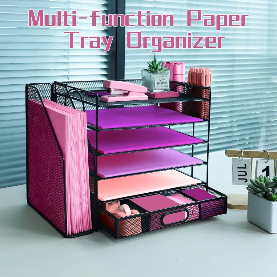 6-Tier Desktop Document Organizer with File Holder Drawer and 2 Pen Holders for Office Supplies Storage Mesh Design for Workspa