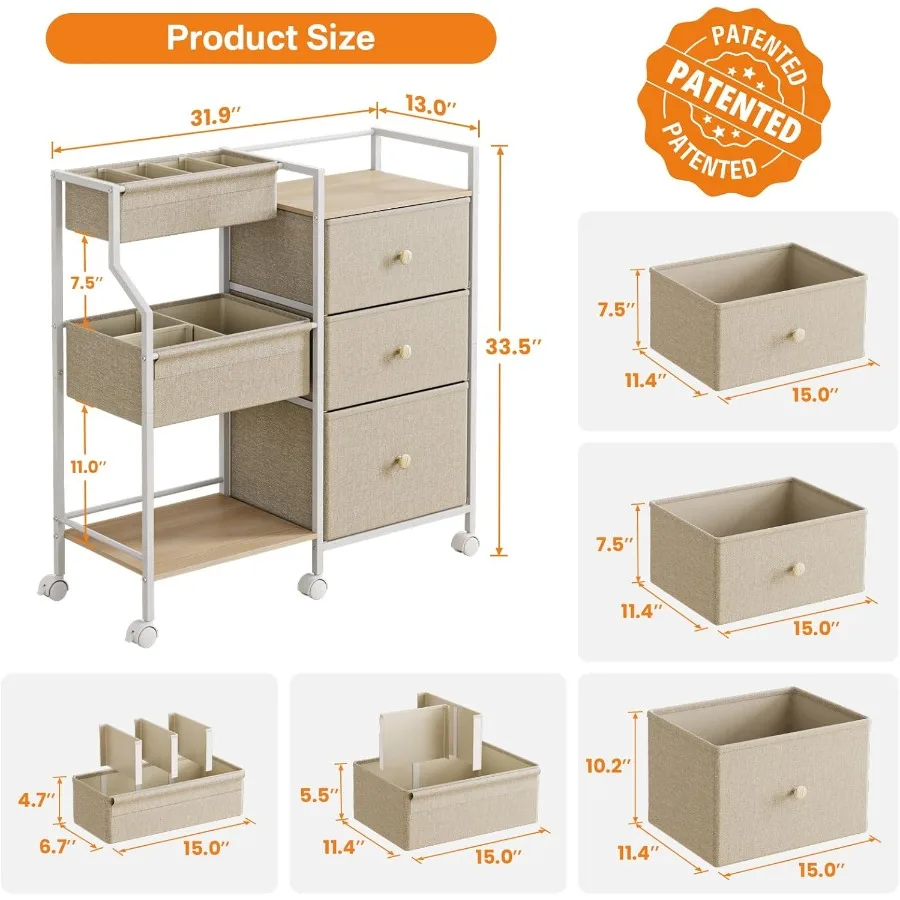 منظم وتخزين الطفل - عربة دوارة من 3 طبقات مع فواصل وأدراج، سهلة التجميع، عربة أدوات متنقلة بعجلات