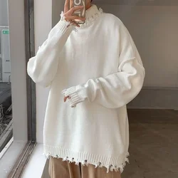 Man Clothes High Collar Knitted Sweaters for Men Torn Solid Color White with Holes Pullovers Plain Turtleneck Street Sheap Ugly