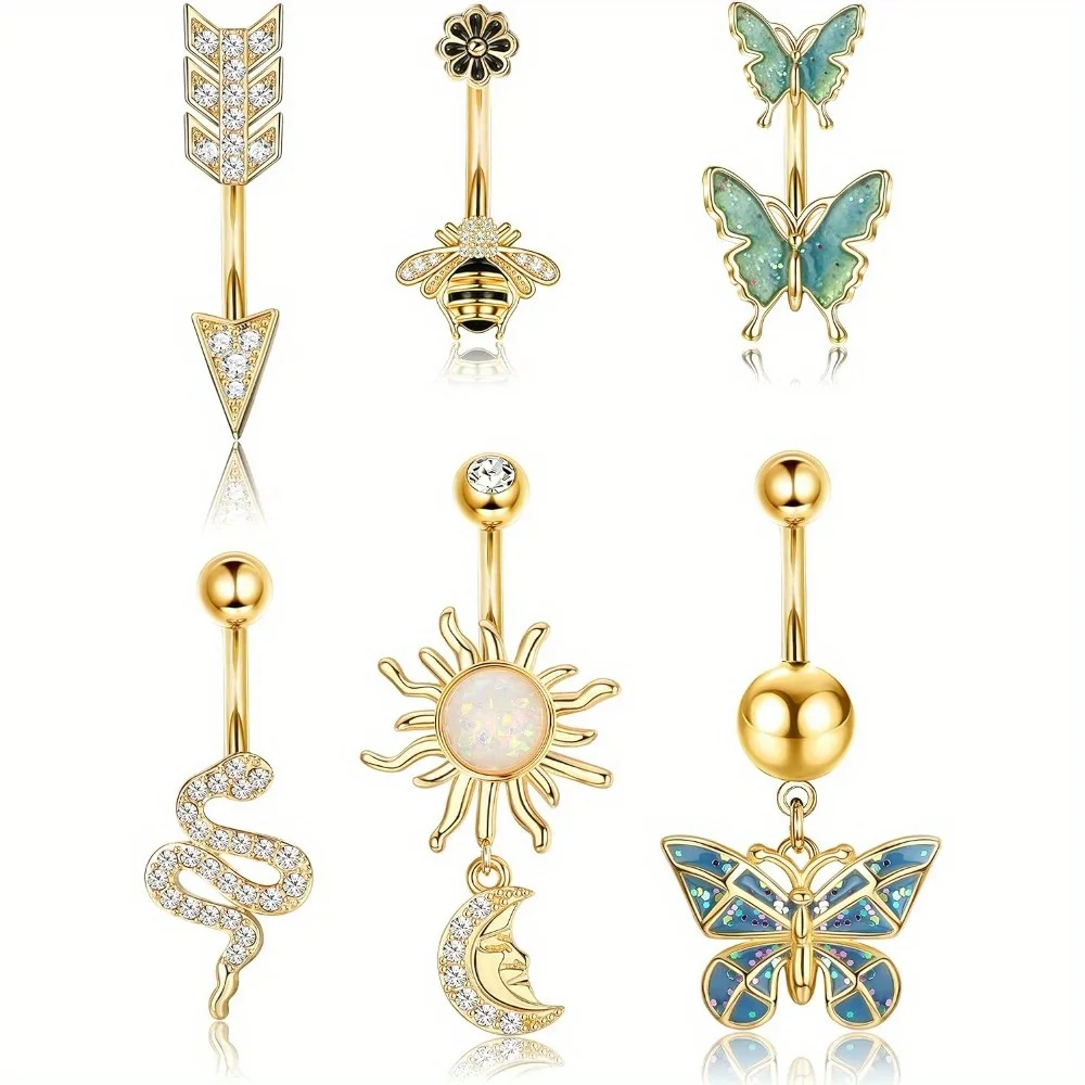 

BESTEEL 1Pc Surgical Stainless Steel Belly Button Rings for Women Men Dangle Cubic Zirconia Navel Barbell Body Piercing Jewelry