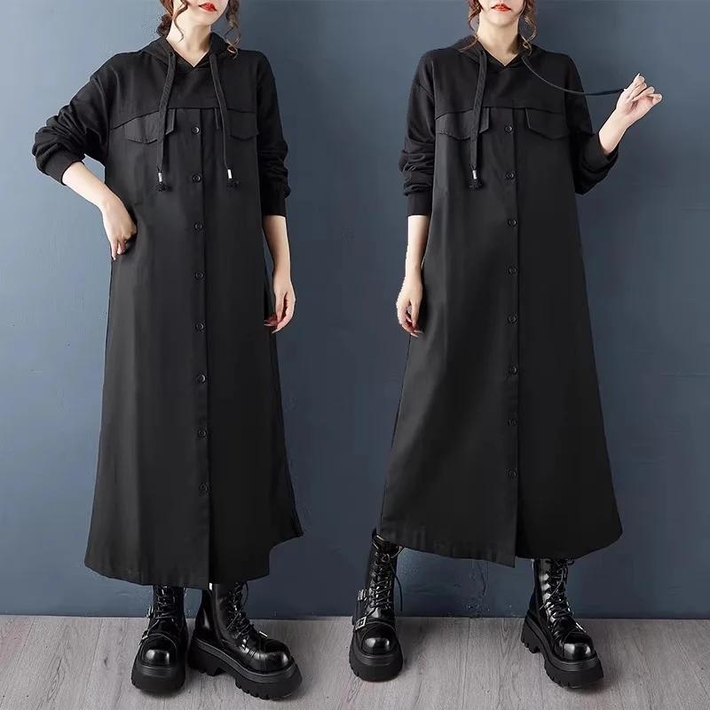 

Patchwork Hooded Sweatshirt Dress | Loose Dark Style Black Straight Mid-Length Dress | 2026 Spring Autumn New Arrival W1972