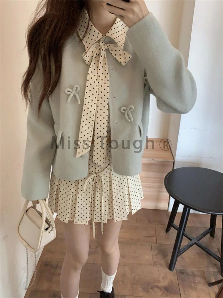 Autumn Winter Korean Fashion Loose 3-piece Set Women Sweet Chic Bow Long Sleeve Coat Polka Dot Shirt + Ruffle Lace Up Skirt Suit