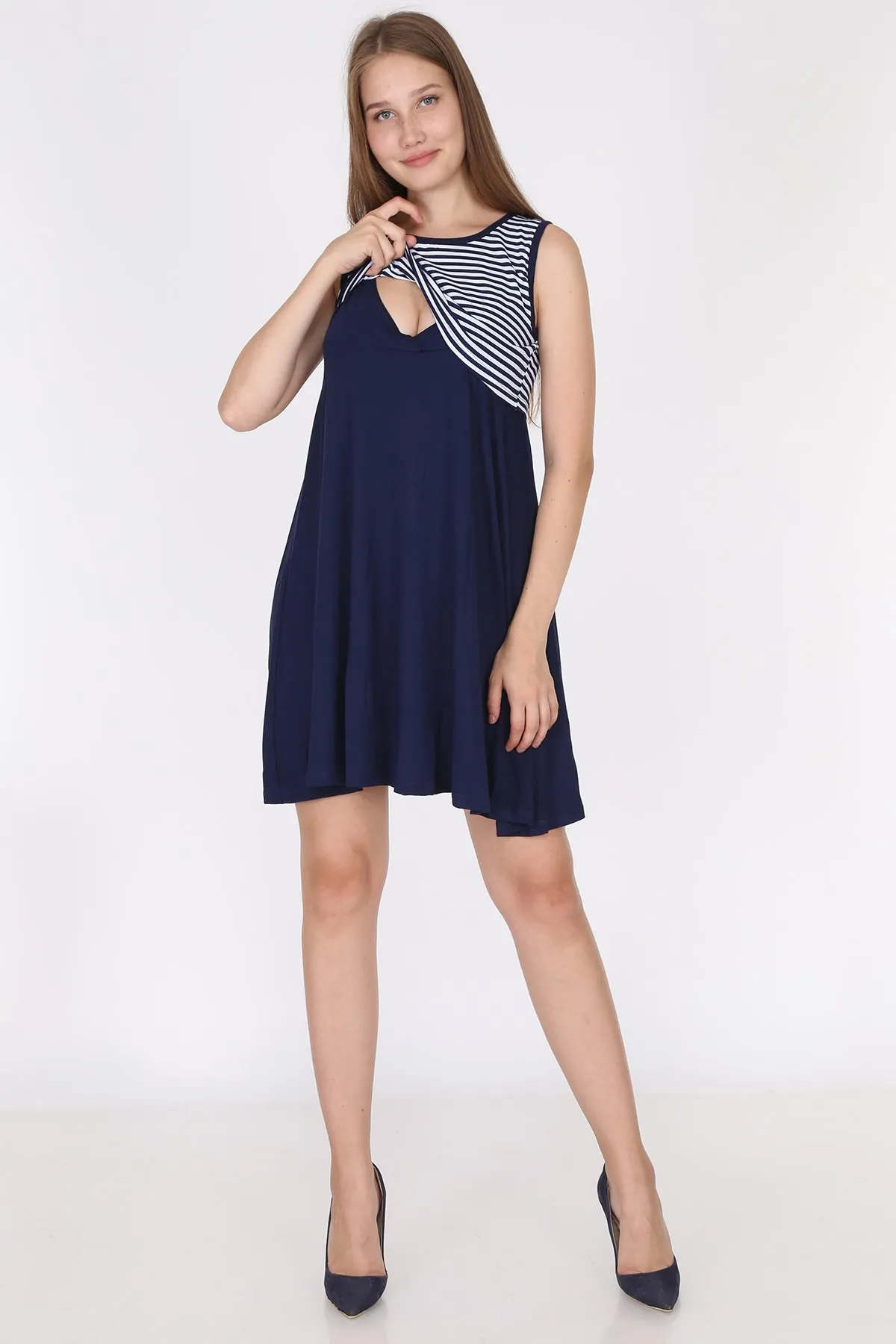 

Luvmabelly 5801-Top Navy Blue Striped Six Black sleeveless Breastfeeding Dress