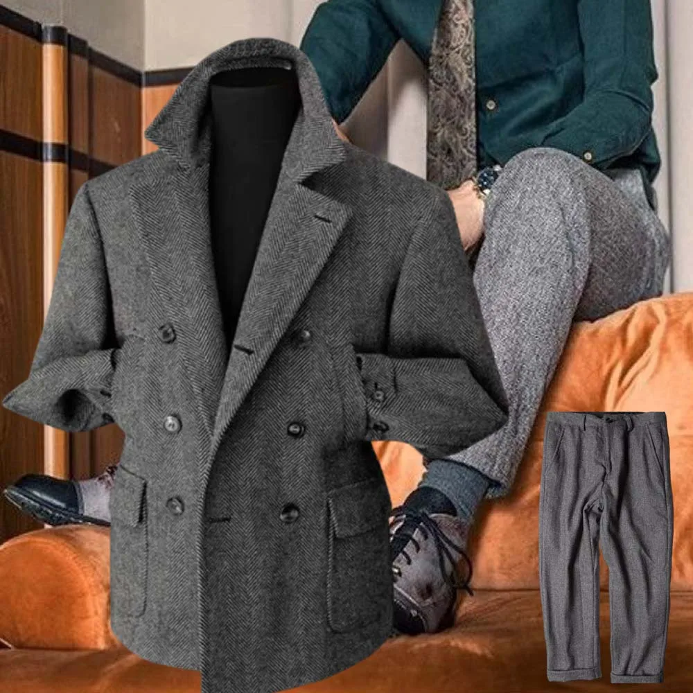 

Винтажный твидовый мужской пиджак с узором «елочка», шерстяной костюм, брюки, мужское спортивное пальто, прямые брюки, осенне-зимняя мужская модная куртка