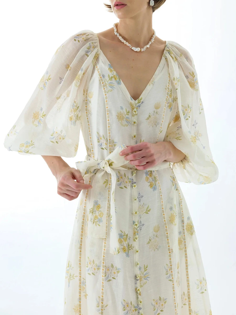 فساتين طويلة شبكية شفافة عتيقة من VGH للنساء بياقة على شكل V وأكمام ثلاثة أرباع وخصر عالي وفضفاض ومطبوع بأربطة فستان نسائي #5