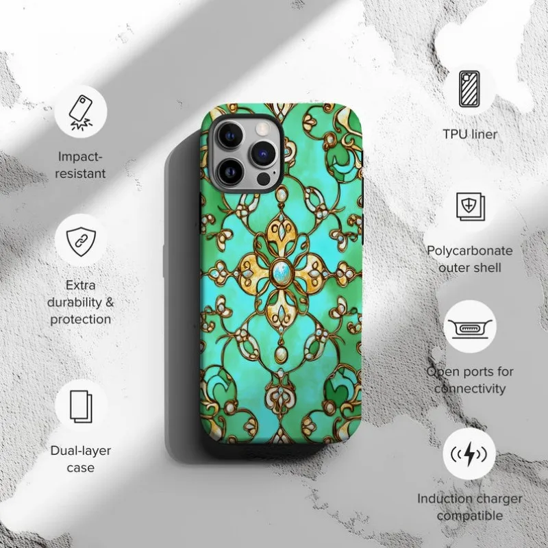 Ornate Emerald Stained Glass Phone Case For IPHONE 16 15PRO MAX 14 13 12 11 Acrylic TPU Two in one magnetic Phone Cases