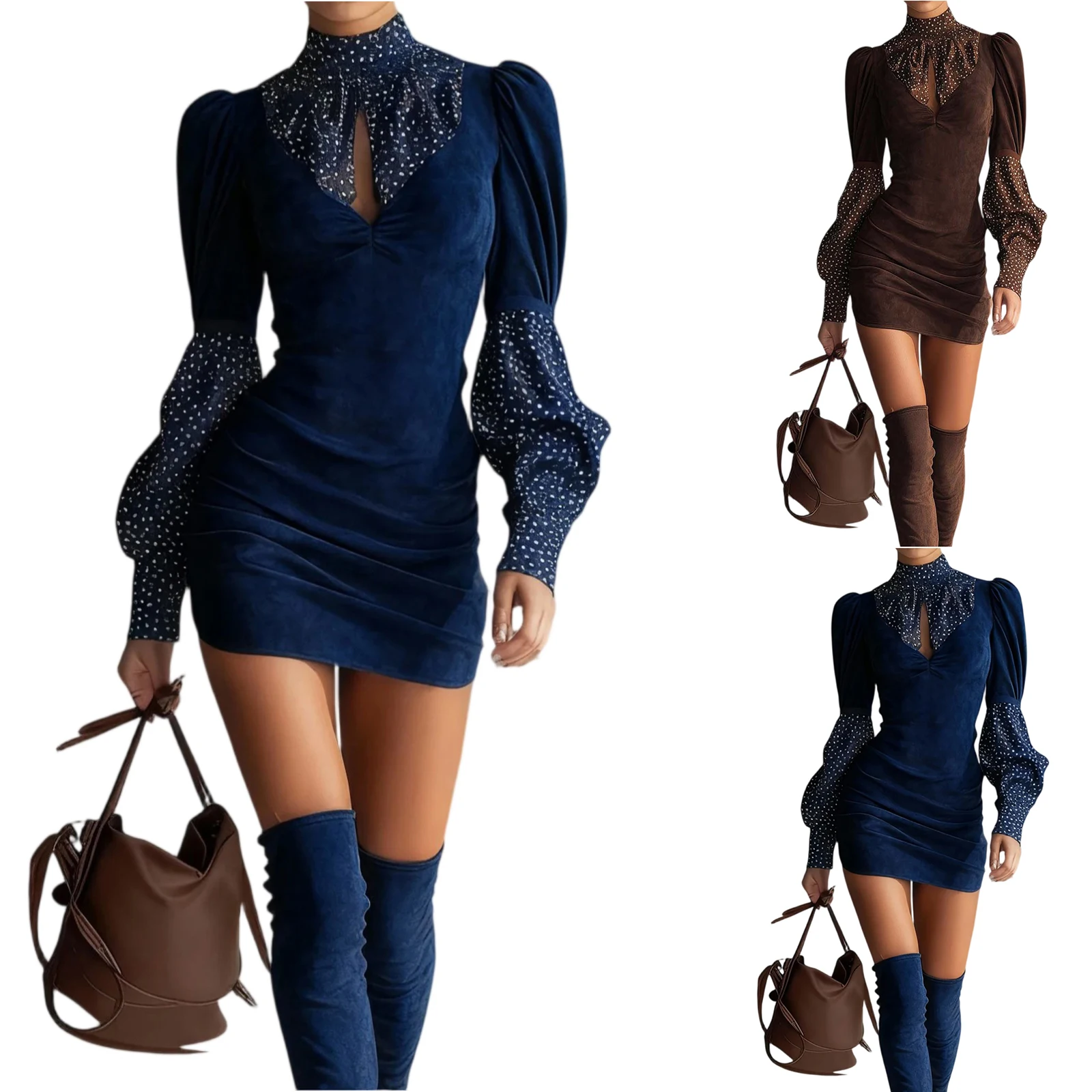 ชุดเดรสผู้หญิงสีกรมท่า ผ้ากำมะหยี่ ลายจุด คอเต่า แขนพอง ทรงเข้ารูป สำหรับงานเลี้ยงกลางคืน ปี 2026 ชุดเดรสทันสมัย สวยเก๋