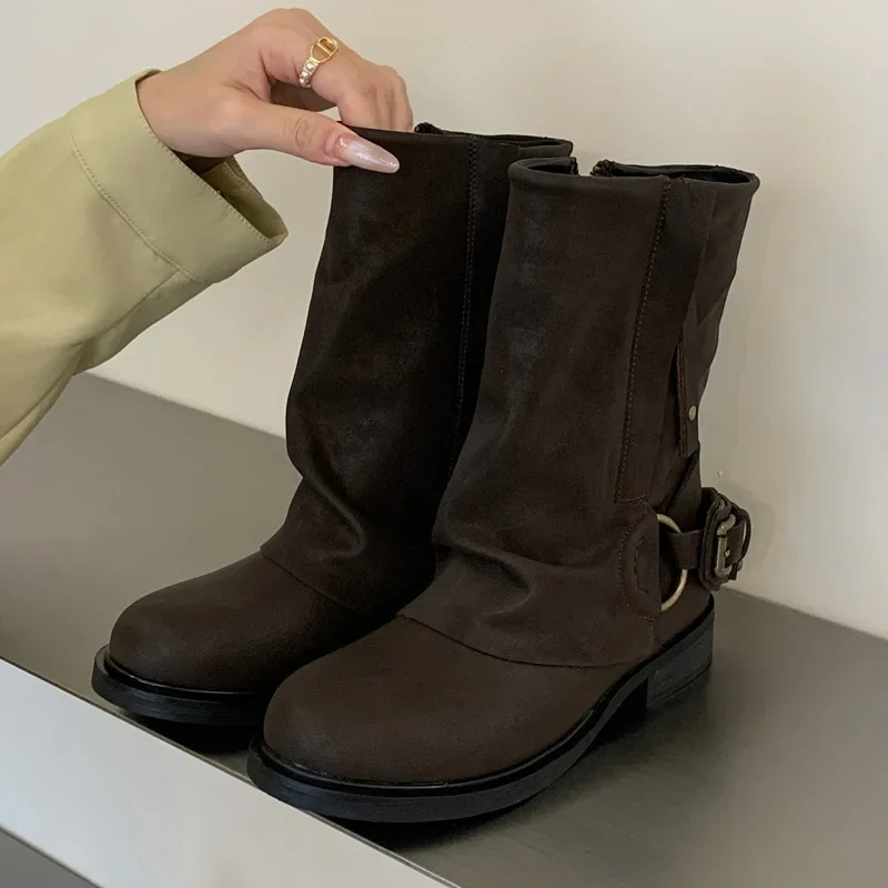 Aneikeh  Round Toe Zipper Buckle Square Heels Winter Vintage Punk Pleated Women Ankle Boots Color Blocking Western Boots Mujer