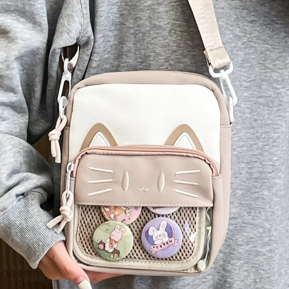 

Embroidered Cat Crossbody Bag Harajuku Style Trendy Transparent Bar Badge Phone Bags Simple Cartoon Cute Pain Small Bag Women's