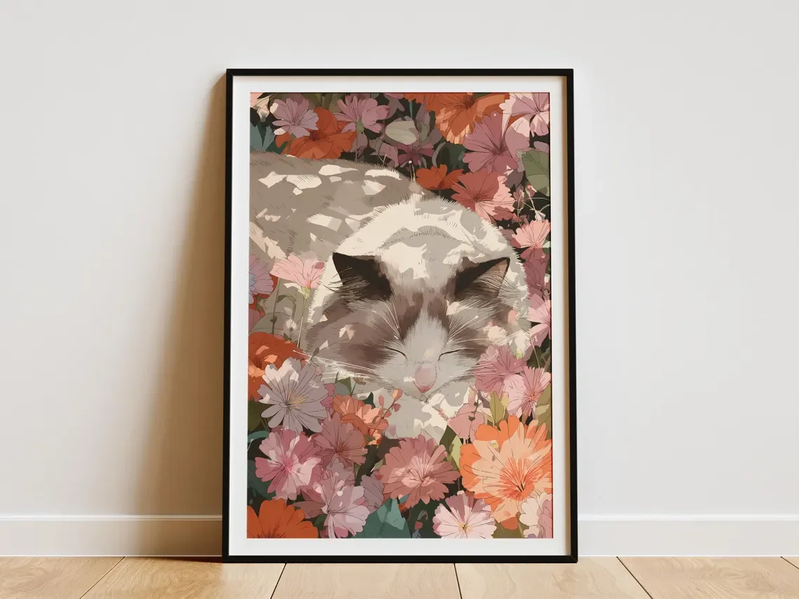 Ragdoll-Katze Schlafend Blumen-Kunstdruck Rosa Blumenfeld Geschenk für Tierliebhaber Heimdekoration Wandkunst Botanisches Katzen-Garten-Poster