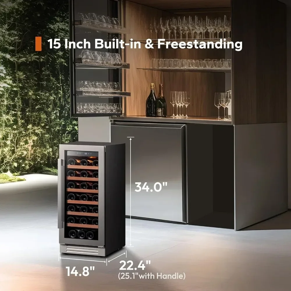 Kulkas Anggur 15 Inci, Kulkas Pendingin Anggur 33 Botol, 40-65 ° Pintu Kaca Kulkas Anggur F, Kulkas Anggur 3 LED