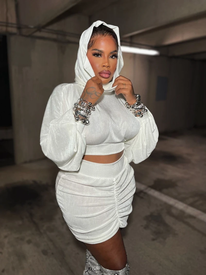 

STYLISH LADY Elegant White 2 Piece Set Women Puff Sleeve Hoodies Crop Top and Draped Mini Skirt Suits 2025 Autumn Party Outfits