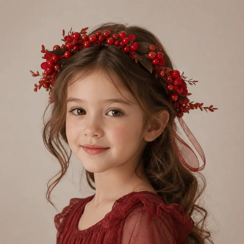 Large Red Berry Garland Red Flower Green Leaf Artificial Flower Garland Ribbon Wine Red Rose Ribbon Wreath Headband - view 5