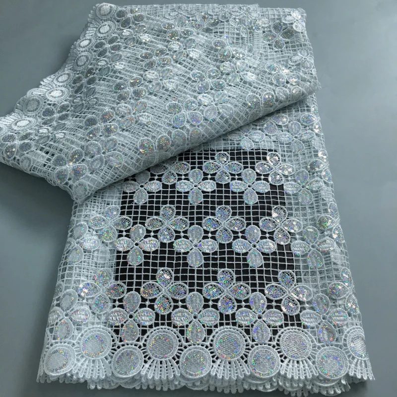 

Белый африканский гипюровый шнур, кружевная ткань, 5 ярдов, блестки, 2025 г., высококачественная нигерийская водорастворимая кружевная ткань для свадебных платьев
