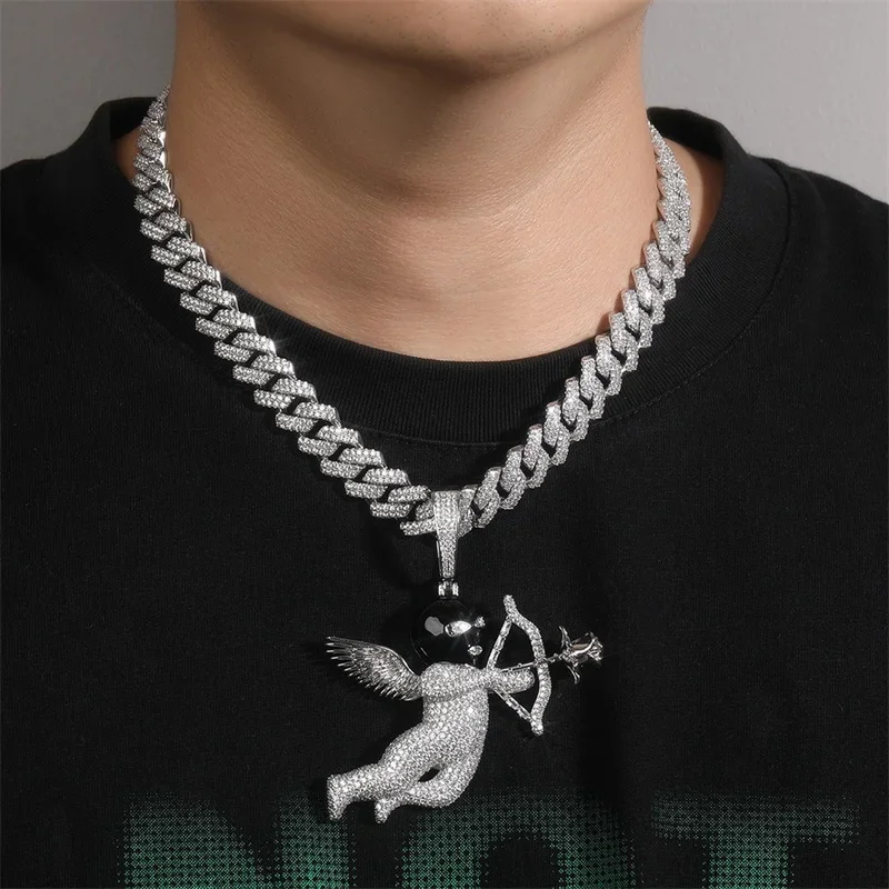 Hip Hop Crystal Masked Angel Pendant Creative Rose Cupid Arrow Necklace For Men Rapper Fashion Jewelry Dropshipping