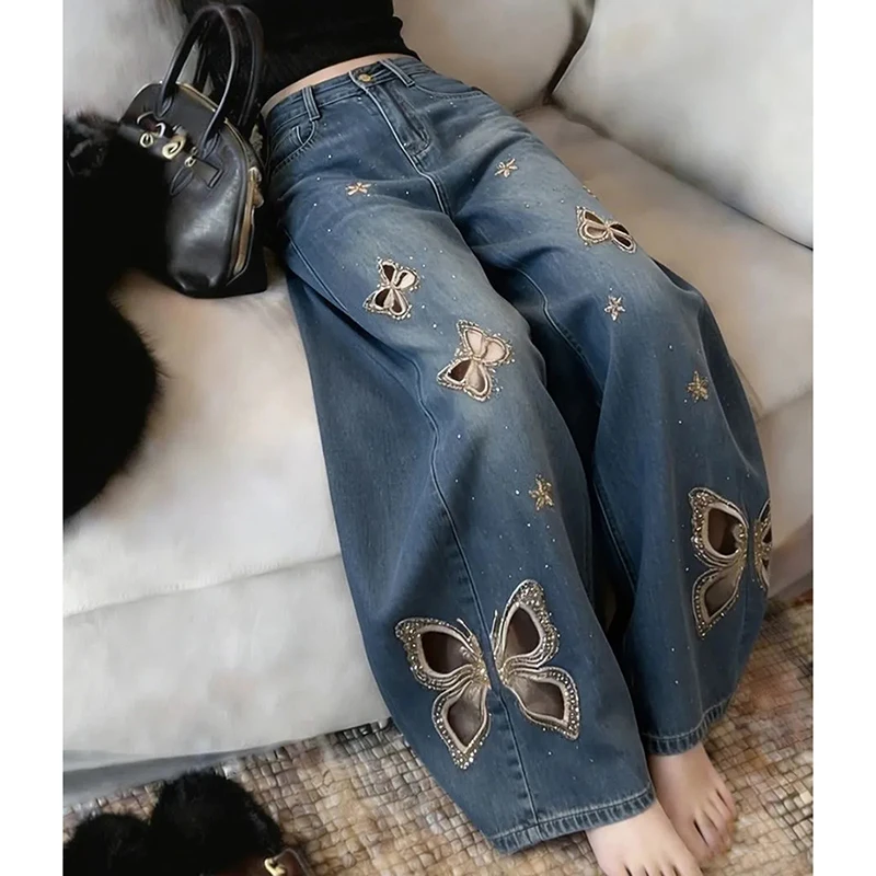 Women Y2K Butterfly Jeans Rhinestone Embellished Loose Wide Leg Denim Pants Star Applique Blue Streetwear Coquette Trousers