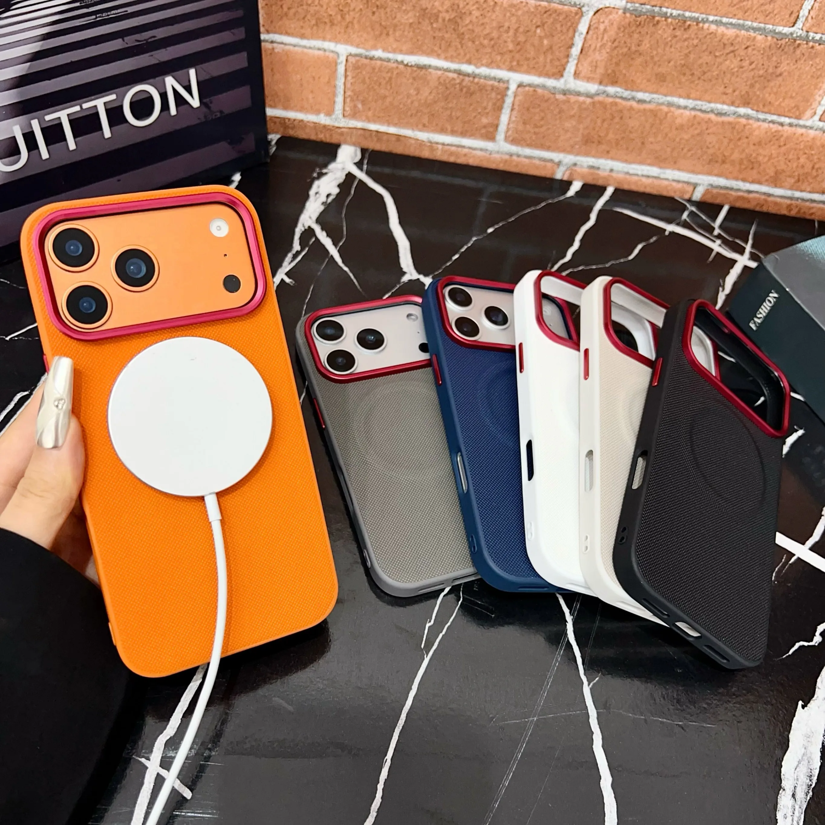 For iPhone 17 Pro Series Orange Textured Back Case with Magenta Lens Frame & Shockproof Camera Guard Cover 16 15 14