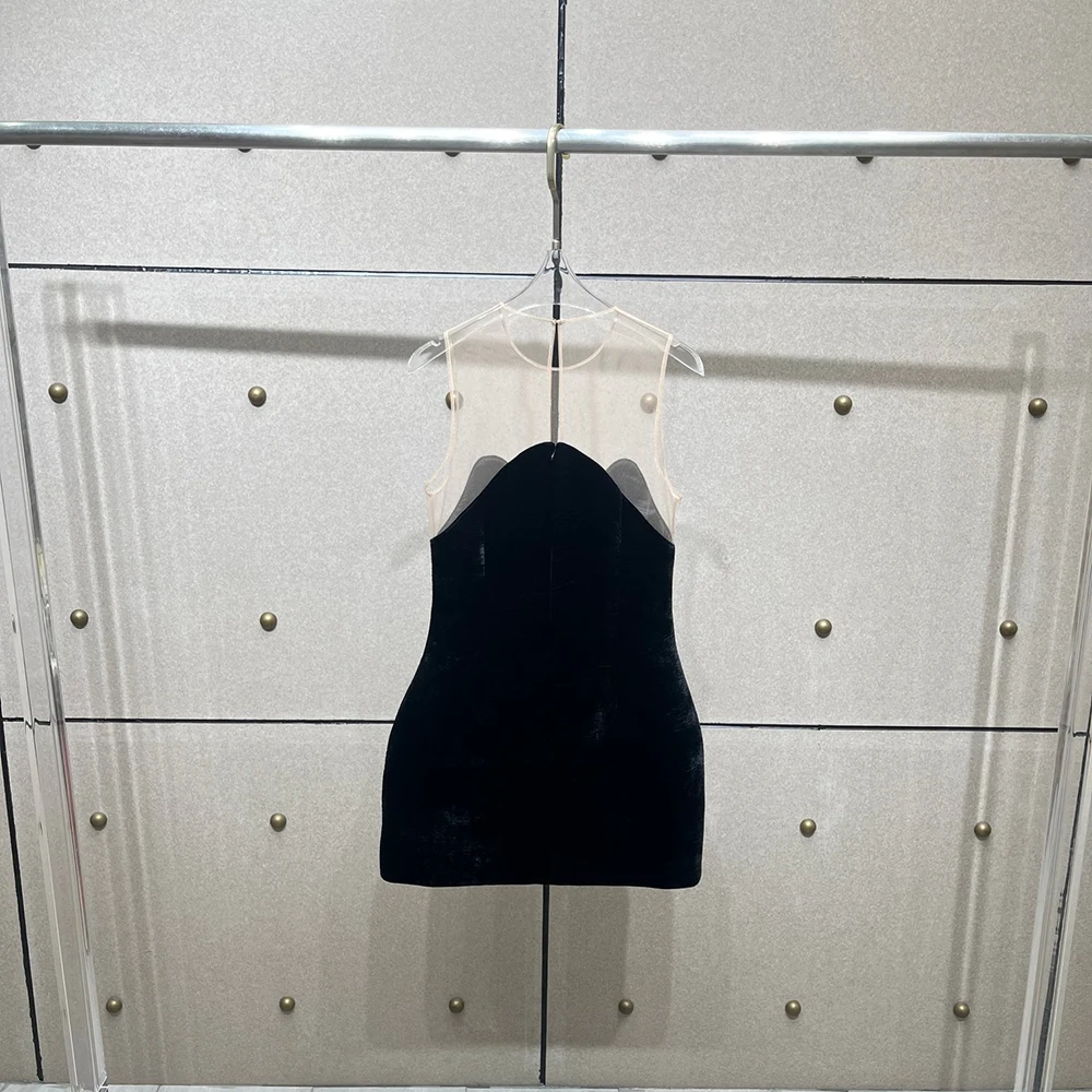 메쉬 벨벳 패치워크 여성 드레스 Y2K 섹시한 시스루 우아함 라운드 넥 민소매 드레스 2025 가을/겨울 신상품