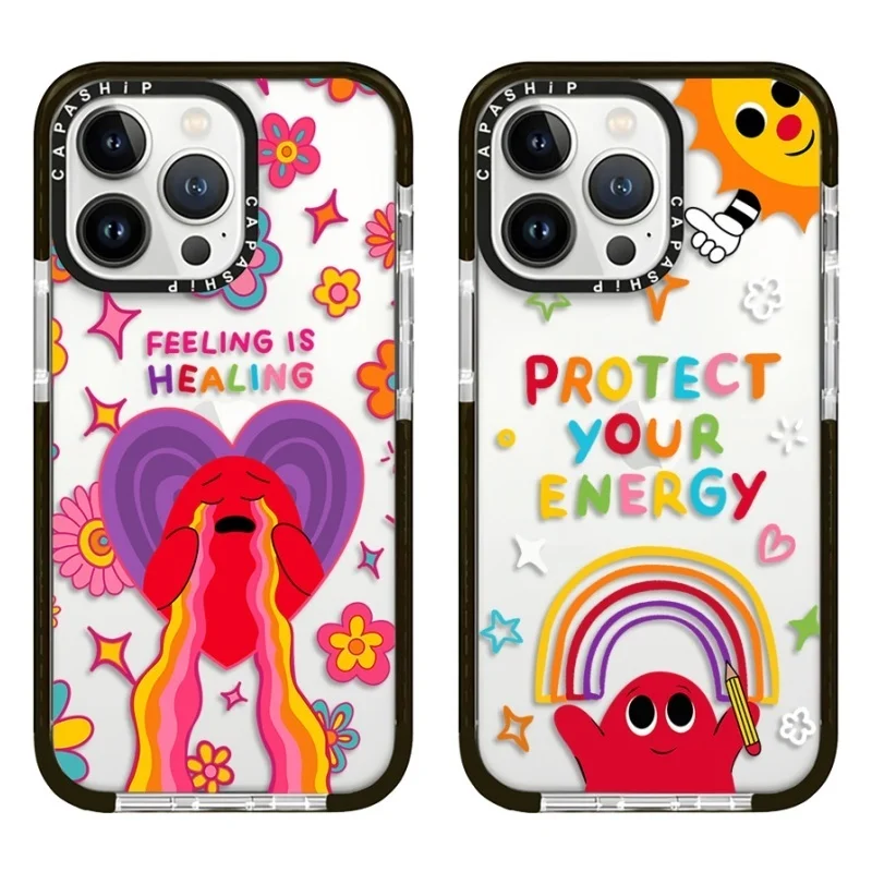 Sun Rainbow Flower Crying Little Ghost Case For iPhone 15 14 13 12 11 Pro X XS XR Max 7 8 Plus SE Soft TPU Shockproof Back Cover