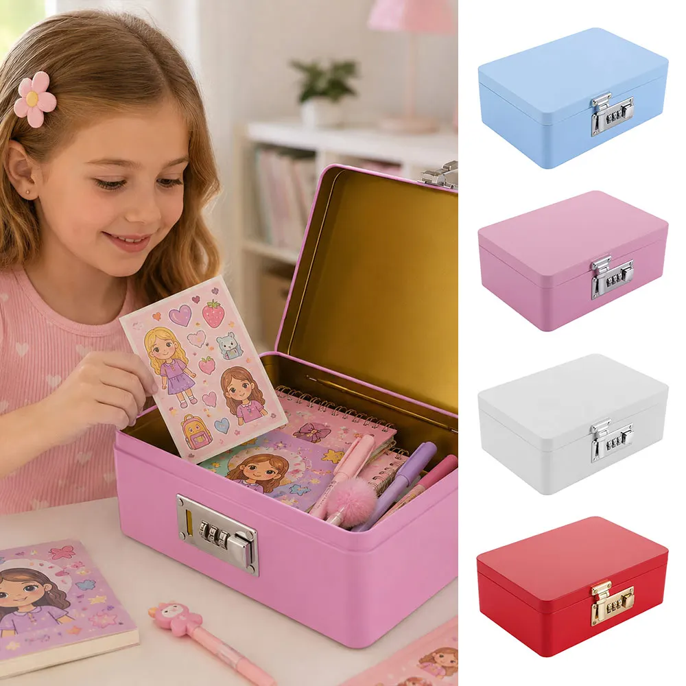Combination Lock Password Lock Storage Box Rectangular Shape Flip Top Design Storage Iron Box Initial Password