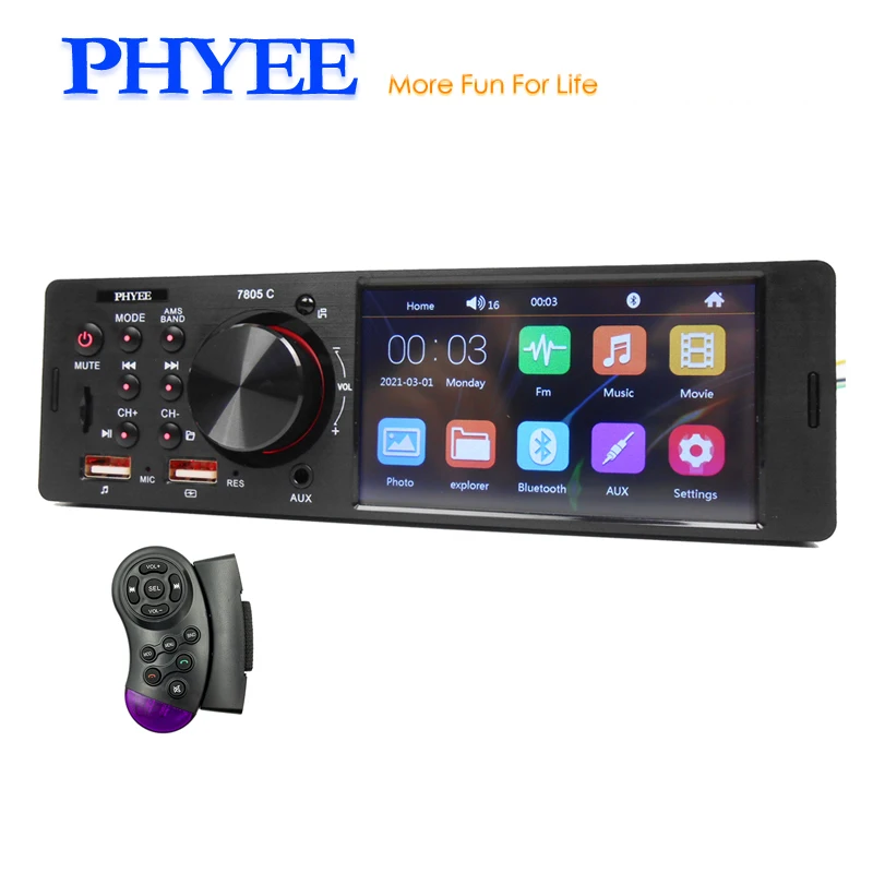 Touch Screen Car Radio 1 Din Bluetooth Music Handsfree MP5 Player TF USB Steering Wheel Remote Audio System 4.1” Head Unit 7805C