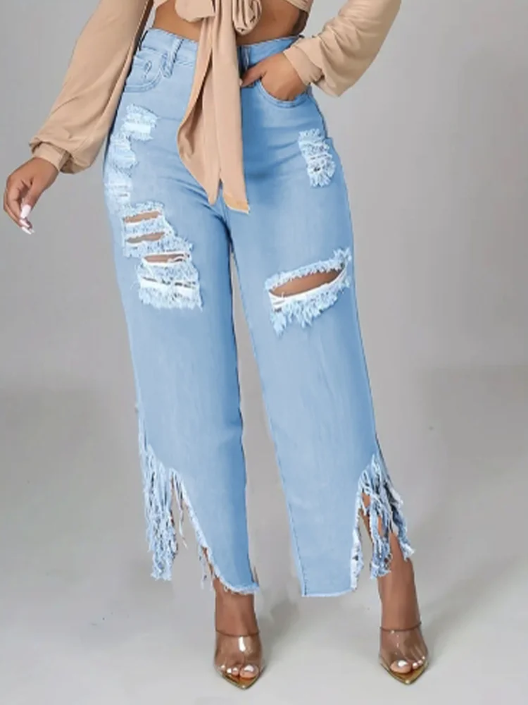 Tasche Zerrissene Hosen Einfarbig Hohe Taille frauen Gerade Bein Hosen Büro Vielseitig Täglichen Pendeln Stil Frühling Jeans