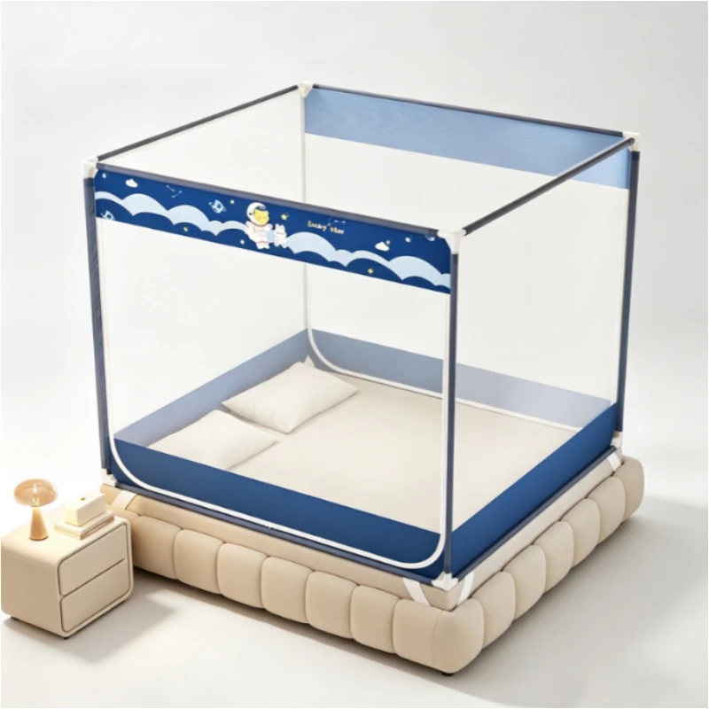 Cartoon Square Mosquito Net with Anti-Fall Protection, 3-Door Zipper Design Full-Coverage Bed Canopy with Thickened Frame