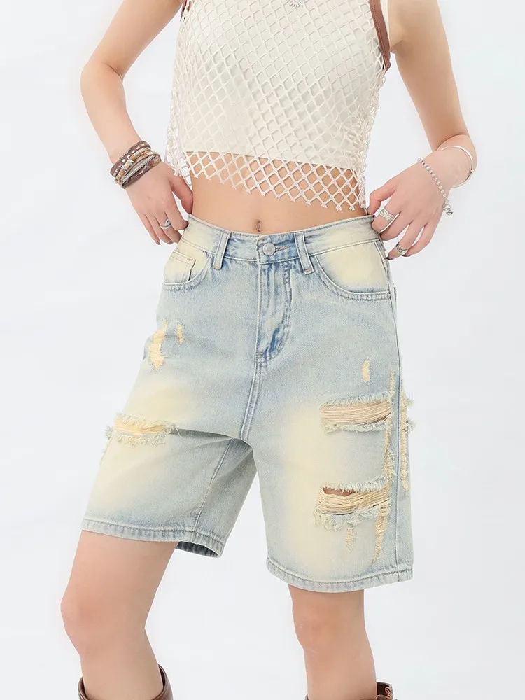 

GUUZYUVIZ Vintage Boyfriend Ripped Jeans Shorts For Women Summer High Waist Pocket Washed Straight Denim Shorts Pants 2023