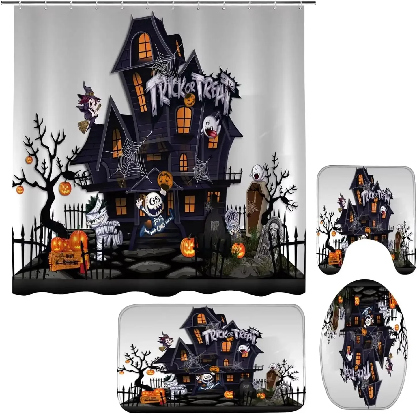 Halloween Shower Curtain Sets with Rugs Toilet Lid Cover and Mat Haunted House Pumpkin Shower Curtains with Hooks Bathroom Decor