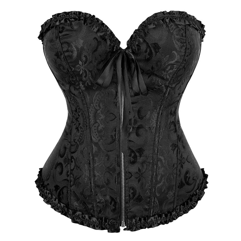 

Women Victorian Sexy Corset Top Front Zipper Waist Shaping Bustier White Black Green Vintage Flower Overbust Lingerie Corselet