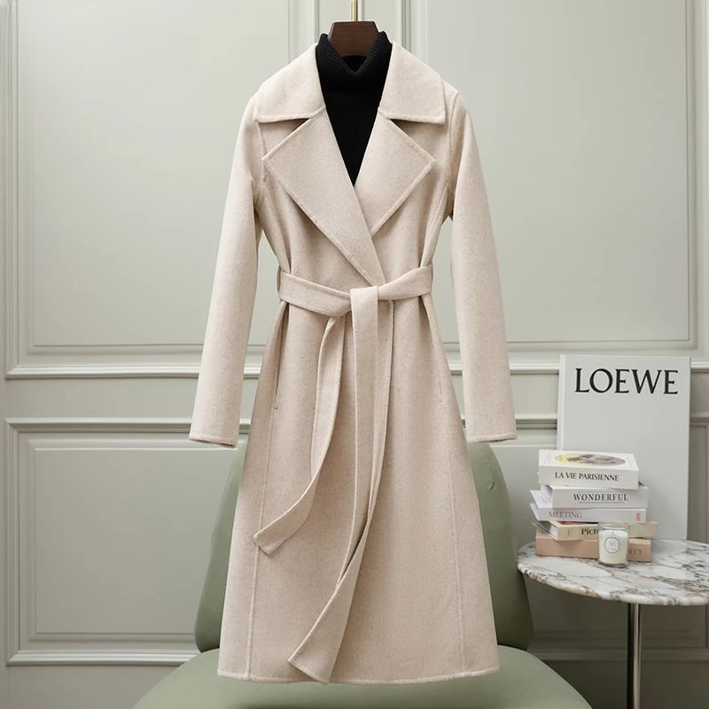 2023 Autumn Winter New Double-Sided Cashmere Coat Female Temperament Slim Long Woolen outwear Fashion Casual Solid Color Outcoat