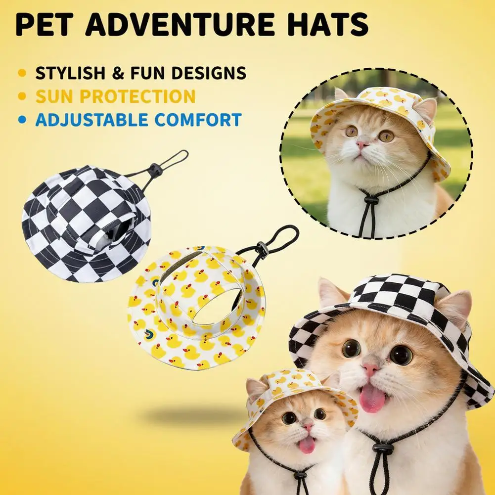 Sombrero de Sol a Cuadros para Mascotas, Gorra con Correa Ajustable para la Barbilla, Protección UV para Gatos y Perros Pequeños, Sombrero de Verano para Mascotas