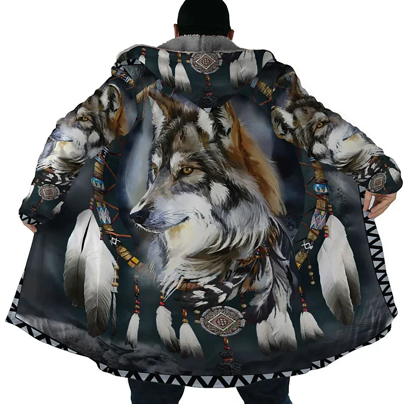 Men\'s Winter Jacket Wolf 3D Print Thick Warm Zipped Hoodie Male Coat Cape Robe Overcoat Parkas Invierno Hombre Blanket 2023