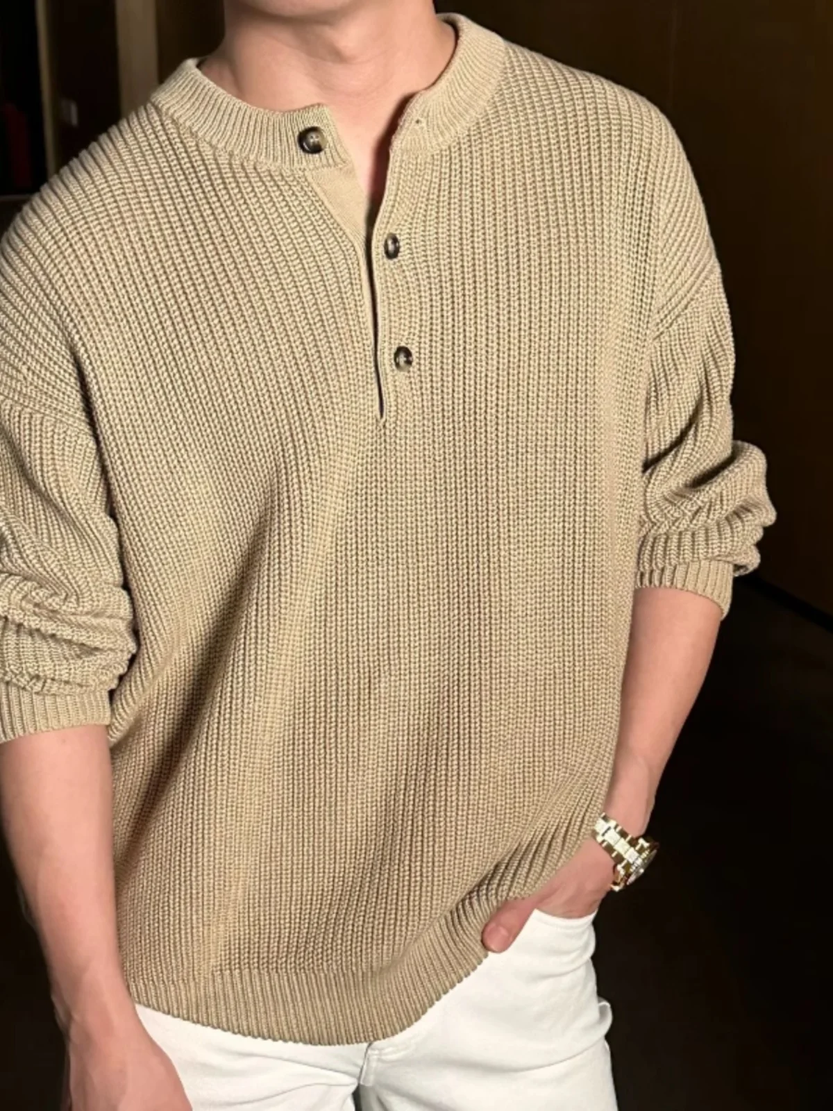 

Large Size Autumn Winter American Retro Knitted Henry Collar Sweater Men's Faion Casual Versatile Long Sve Leisure Wear